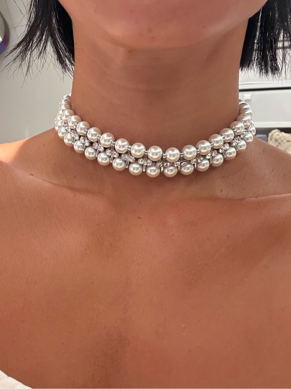 Elegant Faux Pearl & Crystal Choker Necklace | Rhinestone Statement Collar